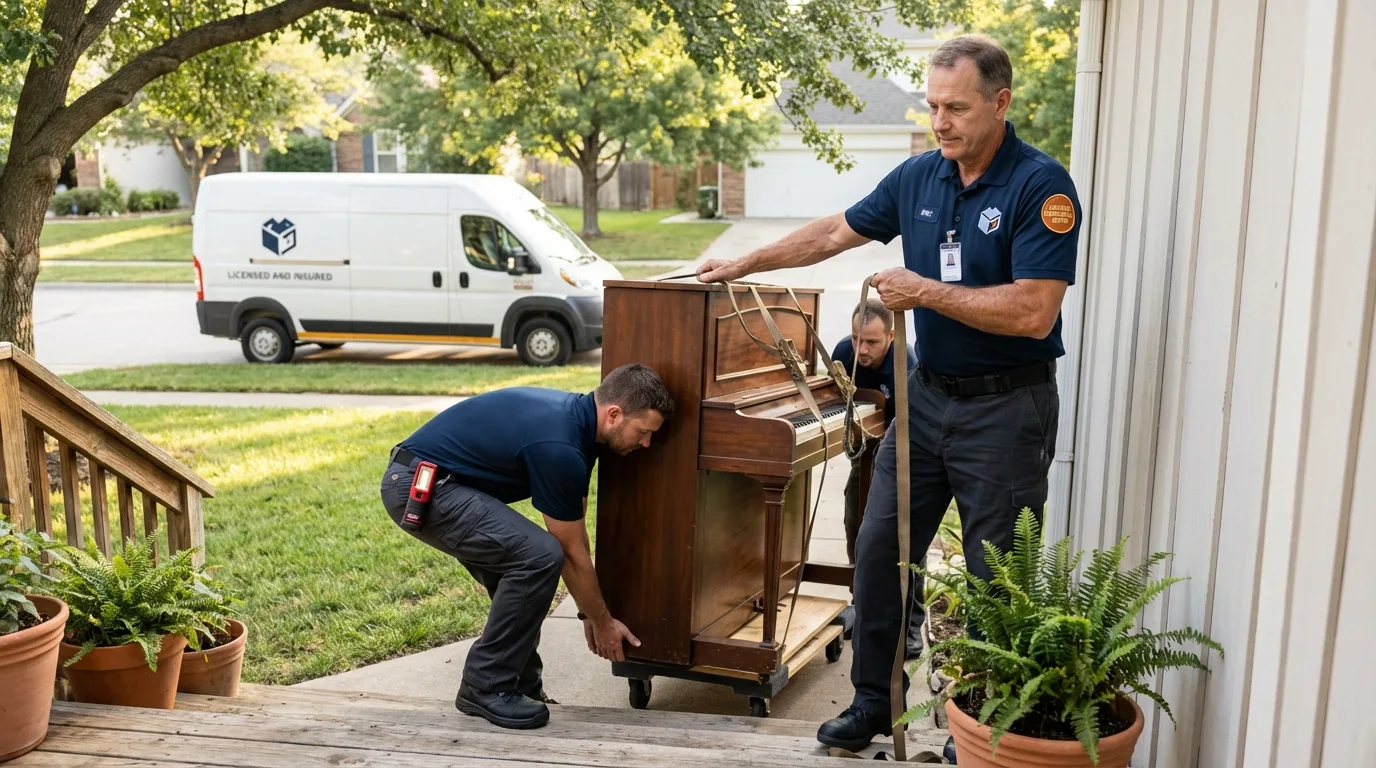 Licensed piano movers securing grand piano in Cimarron, KS