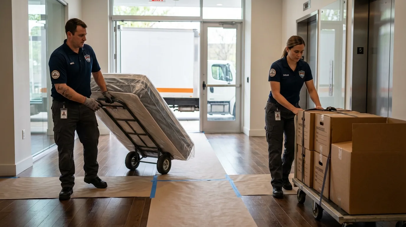 Professional apartment movers loading elevator in Cimarron, KS